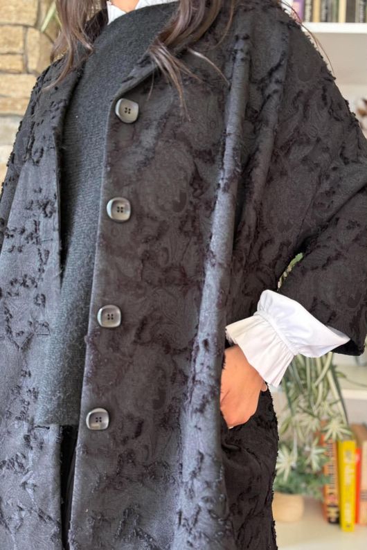 Bodi Jacquard Oversized Cocoon Coat Black